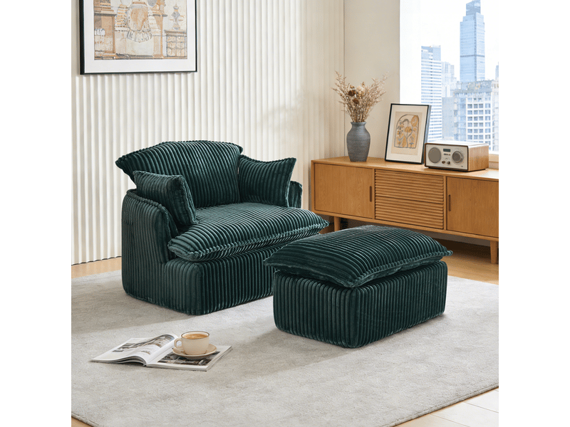  Fauteuil avec pouf, assise en mousse haute densité  - format compressé, velours côtelé en flanelle - vert  - Conforama C