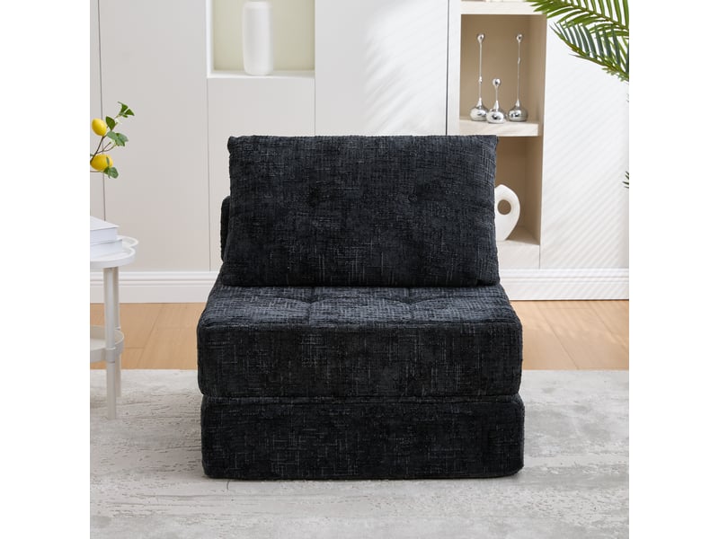 Canapé convertible pliable chenille noir avec coussins, dossier et matelas intégré - Conforama B