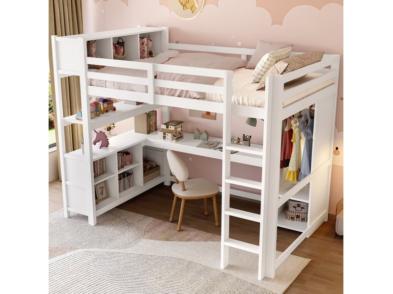  Lit mezzanine enfant 140 x 200 cm avec bureau, rangements et armoire blanc  - Conforama C