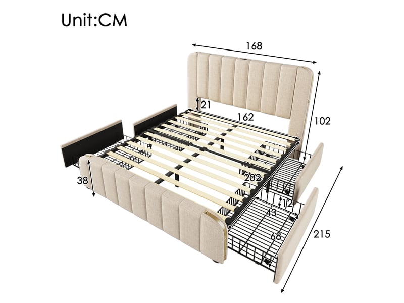 Lit double 160 x 200 cm beige en lin avec matelas, 4 tiroirs et ports usbtype-c - Conforama E