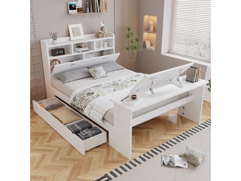  Lit enfant 2 places 140×200 cm avec rangements, tiroir et table pliante - okmyhome- blanc, sans matelas  - Conforama C
