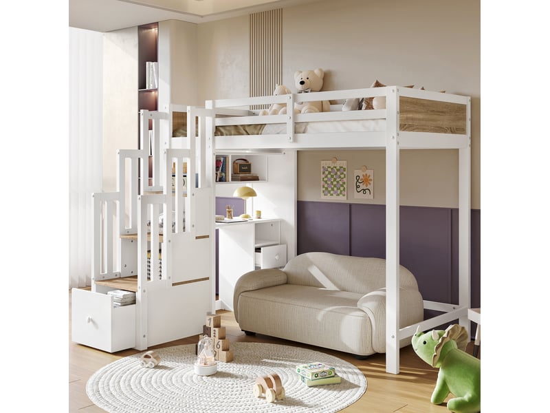  Lit mezzanine enfant 90x200 cm en bois, blanc et bois clair, avec bureau, rangements et escalier, sans matelas  - Conforama B