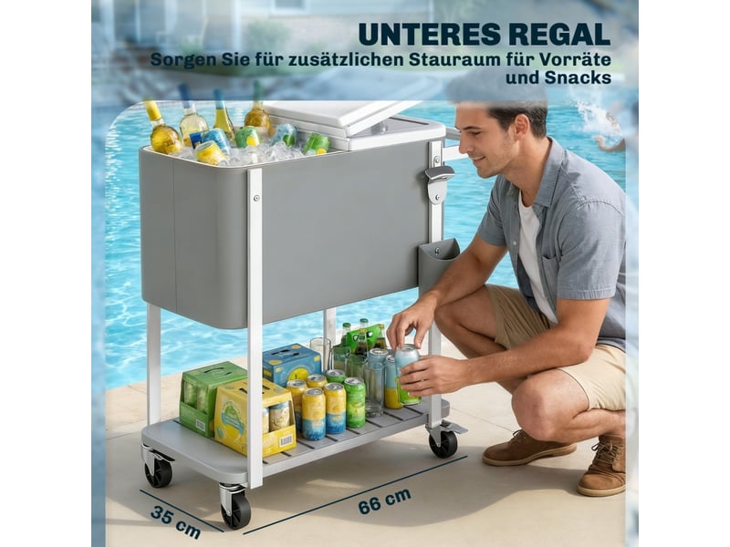  Chariot glacière sur roulettes 56l gris chariot à boissons mobile avec décapsuleur et étagère inférieure pour jardin  - Conforama W
