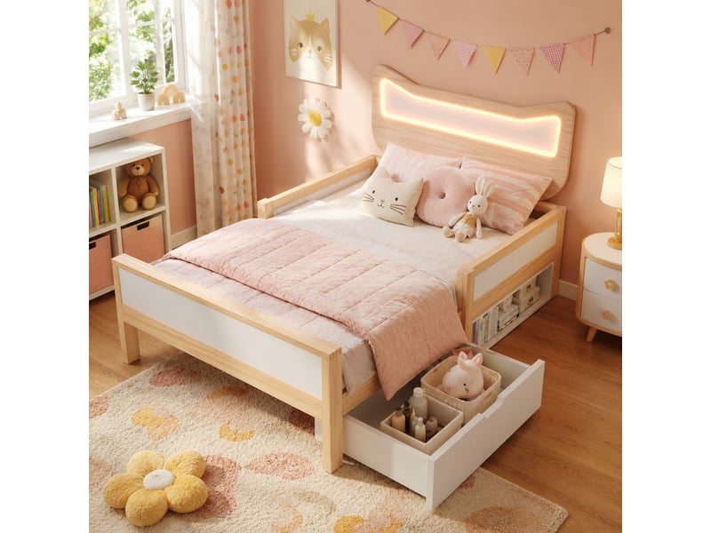 Lit enfant 90x190 avec tête de lit chat, éclairage led rgb, tiroir de rangement et sommier à lattes, blanc et chêne - Conforama B