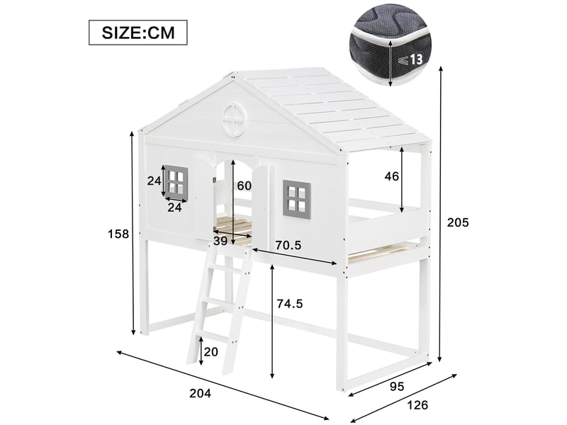  Lit mezzanine enfant 90 x 200 cm avec escalier, barrières et fenêtres grises  - Conforama C