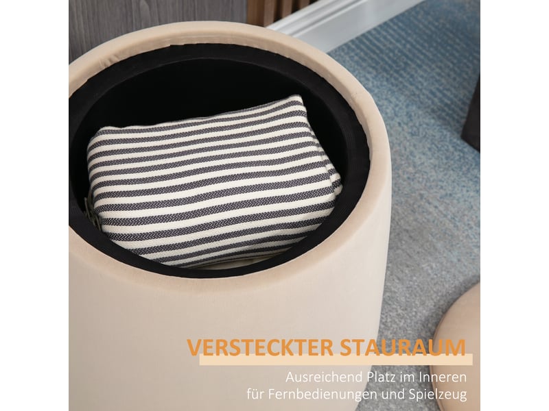  Tabouret rond ottoman avec espace de rangement aspect velours beige, couvercle amovible ø44cm x 47,5cm comme table d'appoint 838-270V00BG - Conforama E