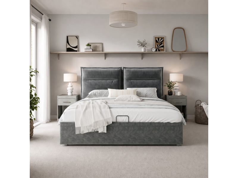  Lit double rembourré 140 x 200 cm avec coffre hydraulique et tête de lit réglable, velours gris, sommier à lattes Fay Lum - Conforama D