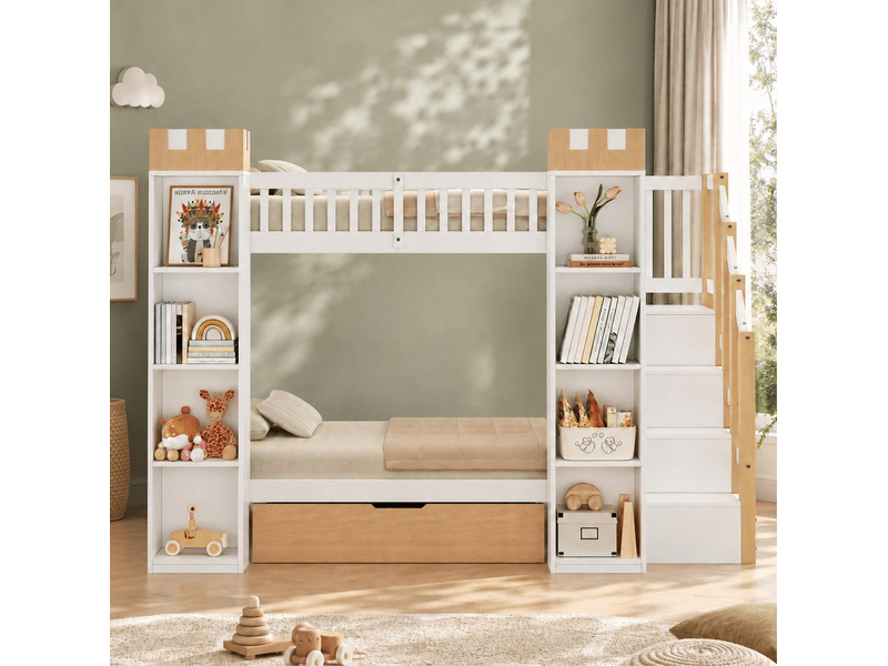 Lit superposé enfant 90x200 cm avec escalier de rangement, blanc et bois, sans matelas - Conforama B