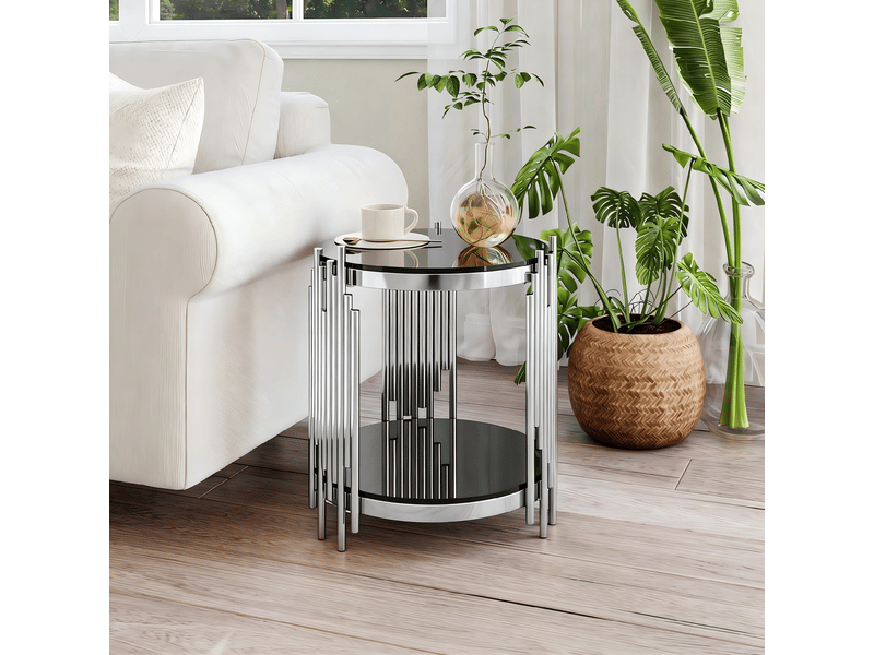  Table basse ronde avec 2 niveaux de rangement, structure en acier inoxydable, pour salon, 56,5 × 51 × 27 cm  - Conforama C