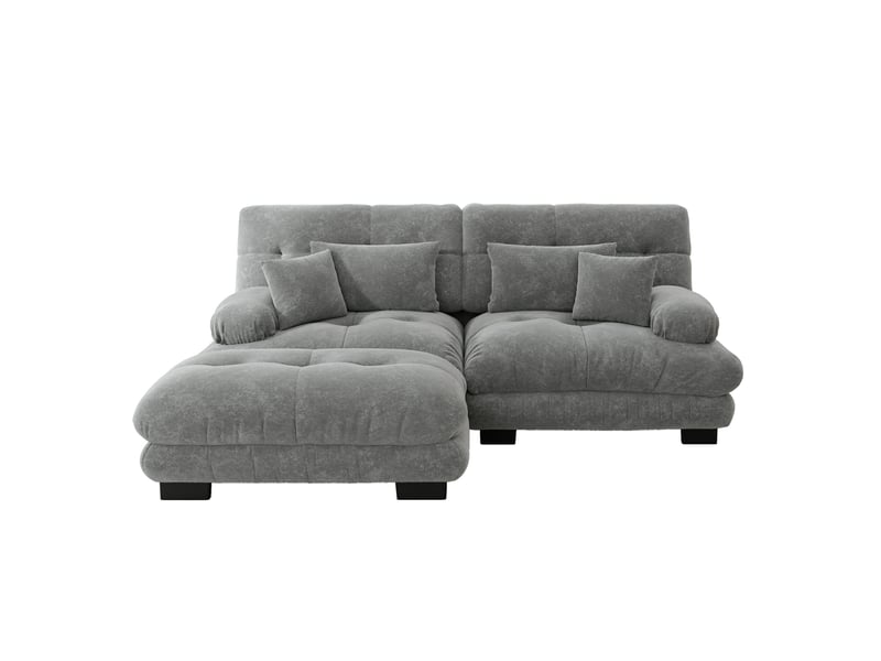  Canapé d’angle modulable 220x145x81 cm, grands accoudoirs et pouf, 2 coussins décoratifs, chenille gris  - Conforama A