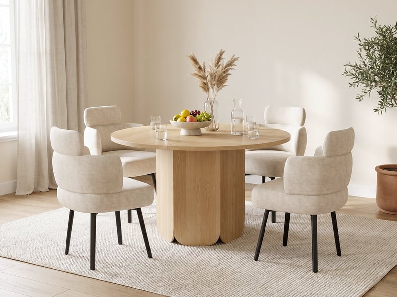  Ensemble table ronde 120 cm + 4 chaises pivotantes 360° avec accoudoirs, chenille blanc crème, coloris chêne, style scandinave, 4-6 personnes  - Conforama B