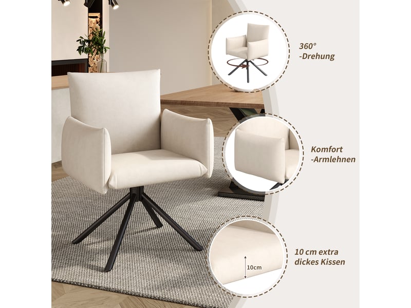  Lot de 4 chaises de salle à manger pivotantes 360°,avec pieds métal,velours,beige  - Conforama E