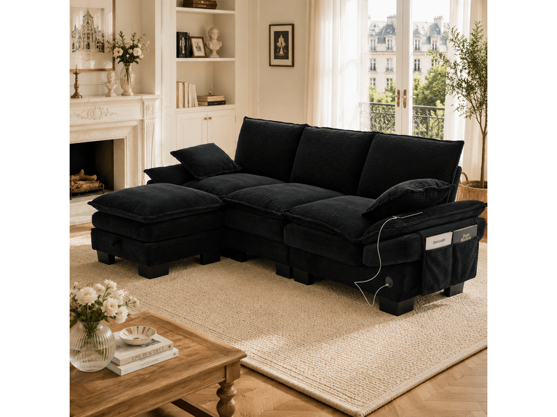 Canapé d'angle 3 places en velours côtelé noir avec pouf et port usb-c intégré pour salon - Conforama B