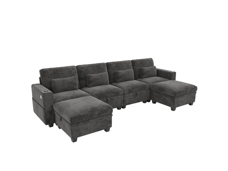  Canapé panoramique convertible 6 places en chenille gris, modulable ul avec 2 poufs de rangement, usbtype-c, dossier réglable, 278 x 148,5 x 88 cm  - Conforama A