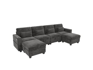 Canapé d'angle panoramique convertible 6 places Tissu gris avec coffre de rangement