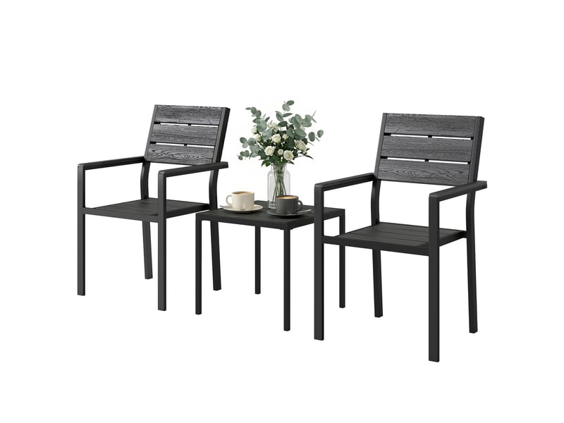 Ensemble de jardin 3 pièces avec 2 chaises et une table en pehd, design à lattes effet bois pour terrasse ou balcon, noir - Conforama B