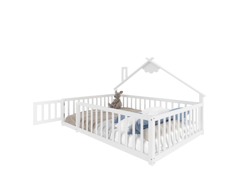 Lit enfant 140x190 cm, forme de maison, garde-corps, sommier, pin blanc, sans matelas  - Conforama A