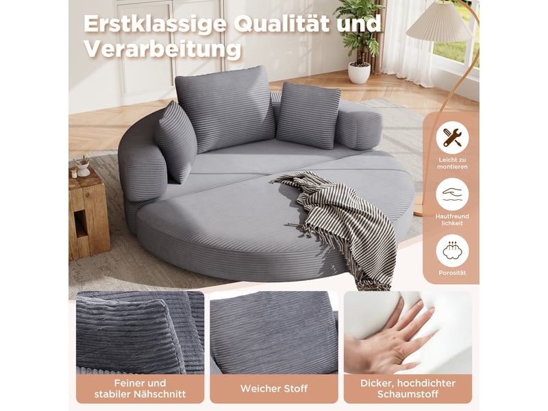 Canapé convertible 2 places en velours côtelé, 2-en-1, lit ovale 173×176 cm, sans montage, 3 coussins inclus - Conforama E