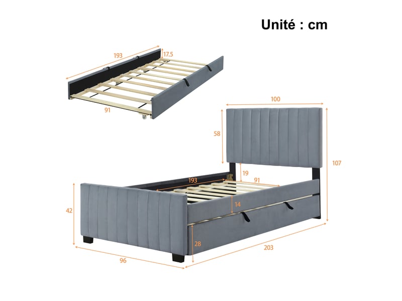  Lit gigogne 90x190 cm enfant - avec lit supplémentaire, velours doux, gris, sans matelas  - Conforama C