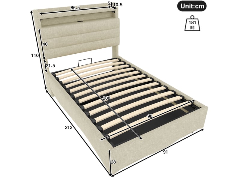  Lit coffre 90x200 cm en lin beige avec led, usb et port type-c, tête de lit avec rangement  - Conforama C