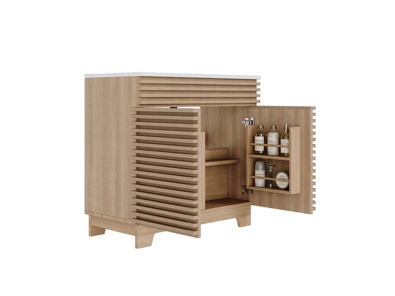 Meuble salle de bain sur pied 91cm avec lavabo en céramique intégré, meuble vasque bois naturel  - Conforama A