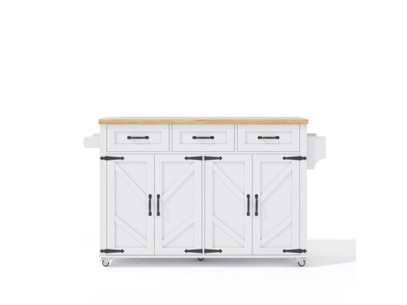  Îlot de cuisine 140x43 à 70x90,5 cm blanc avec plateau rabattable, 4 portes, 3 tiroirs et roulettes  - Conforama A