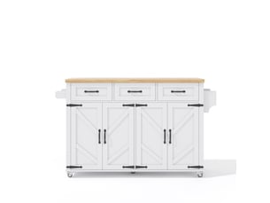 Îlot de cuisine 140x43 à 70x90,5 cm blanc avec plateau rabattable, 4 portes, 3 tiroirs et roulettes