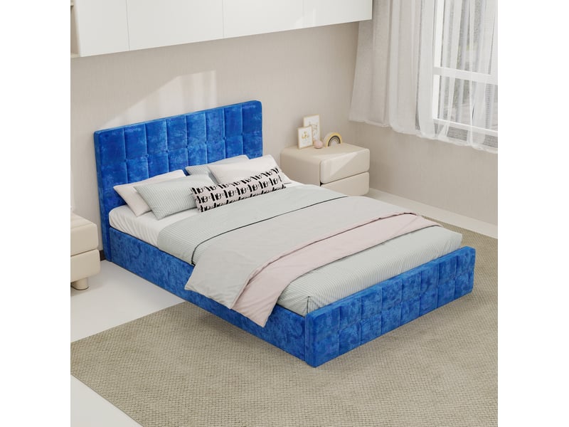  Lit coffre 140x200 cm, tête de lit capitonnée en velours bleu marine  - Conforama B