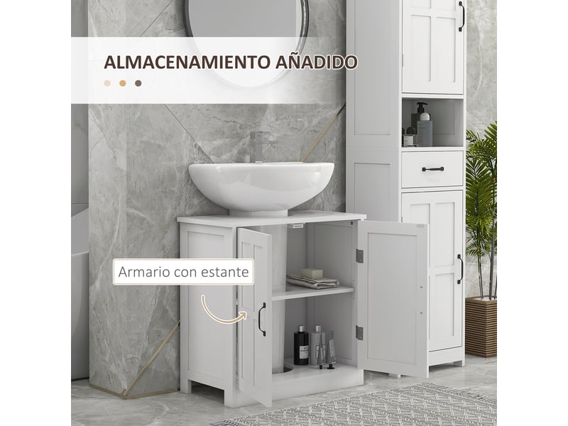 Meuble sous-lavabo avec double porte et étagère réglable, capacité de charge 20 kg, 60 x 30 x 60 cm, blanc - Conforama E