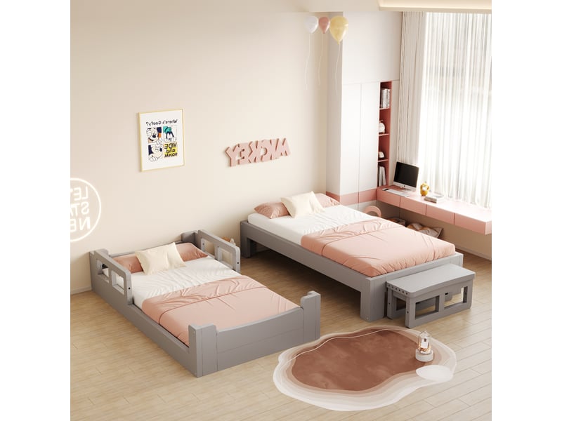  Lit évolutif enfant 90x200cm gris, lit bas avec barrières ou lit simple avec banquette au pied, structure bois et sommier à lattes, pour la chambre  - Conforama B