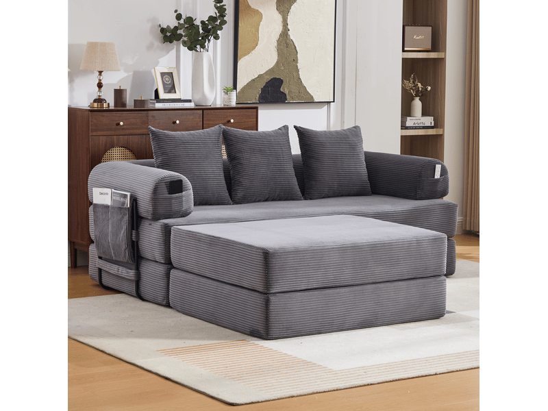  Canapé droit modulable convertible 3 places en velours côtelé gris foncé avec pouf et poche latérale  - Conforama E