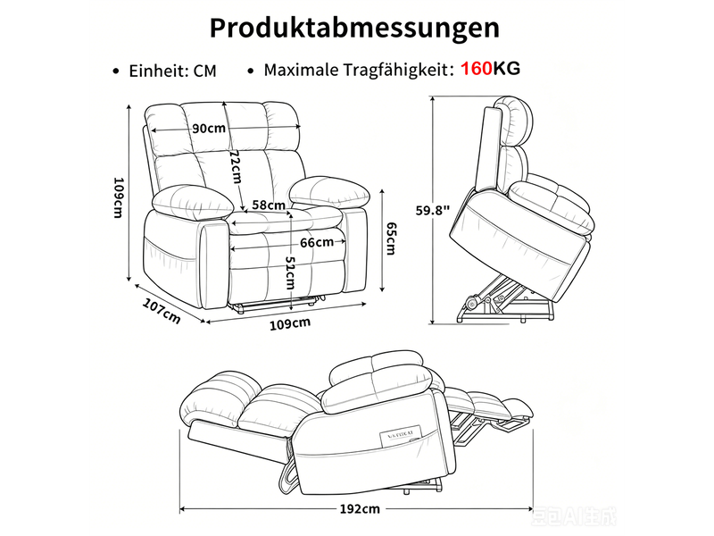  Fauteuil relax électrique releveur - 109x107x109cm - double moteur massage chauffant têtière réglable salon - blanc crème  - Conforama E
