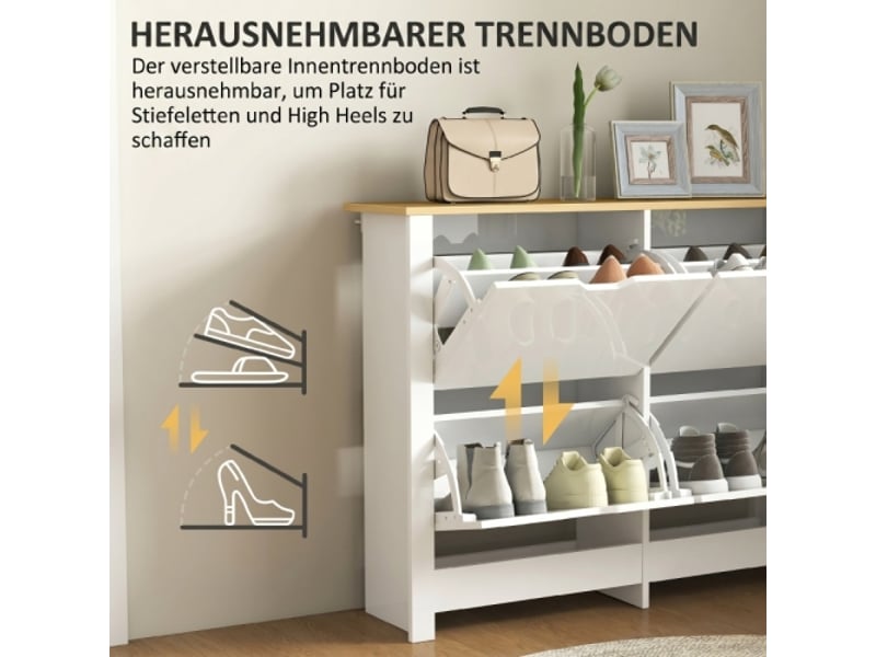  Meuble à chaussures étroit blanc bois 4 abattants 105x26x80 cm pour 8-16 paires avec rangement entrée  - Conforama D