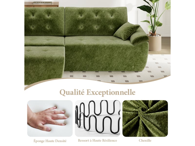  Canapé modulable en chenille vert mousse haute densité avec pouf,canapé salon 275cm style nuage confortable,compressé sans montage 275x174x66CM - Conforama C