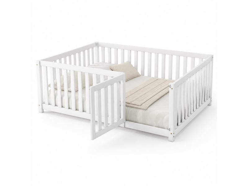  Lit enfant au sol 140x200 cm avec barrière et porte bois mdf blanc sans matelas  - Conforama A