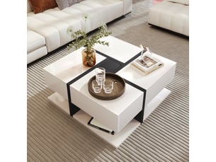 Table basse carrée avec 4 tiroirs et étagère ouverte, finition brillante, en panneaux de particules, blanc - uvrion