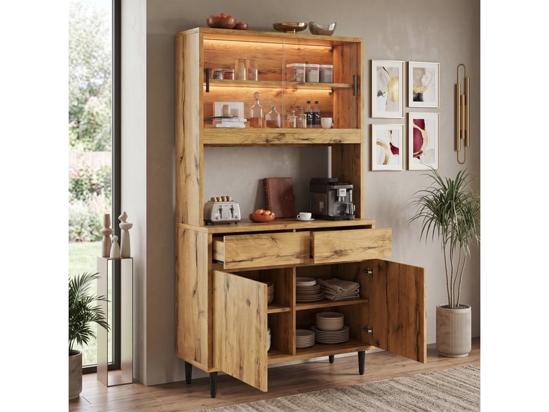  Buffet haut de cuisine 100x40x185 cm avec rangement multi-niveaux, prise intégrée, usb-c, usb-a et led couleur, panneaux de particules, naturel  - Conforama C
