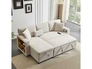 Canapé d'angle panoramique fixe <strong></strong> <strong></strong> 3 places Velours beige avec coffre de rangement