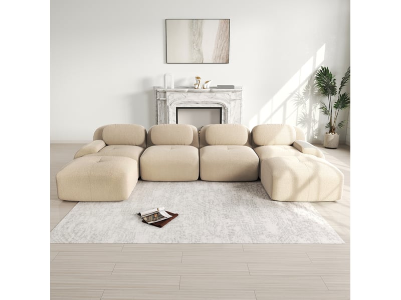  Canapé modulable en u modenvie 4 places 388 x 178 cm sans cadre en velours côtelé beige  - Conforama B