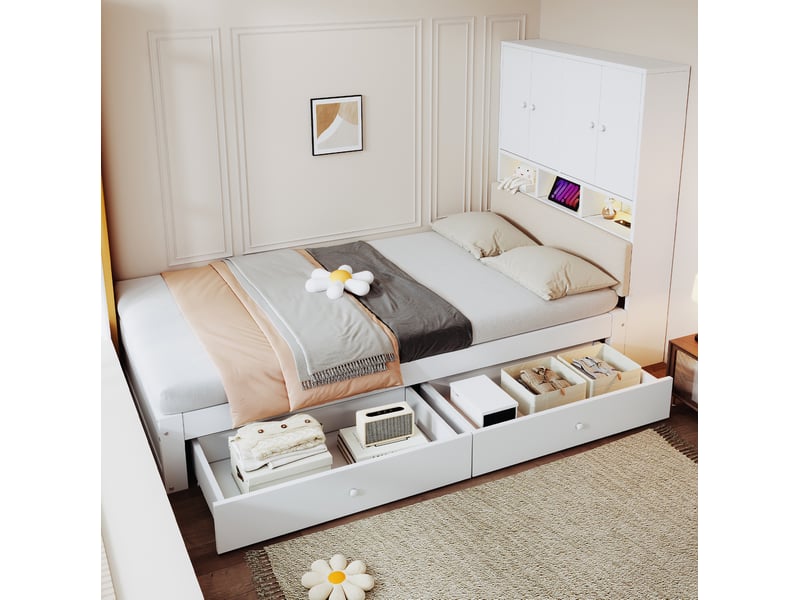  Lit une place tcqpz 90 x 200 cm avec rangements led prise intégrée et 2 tiroirs blanc  - Conforama E