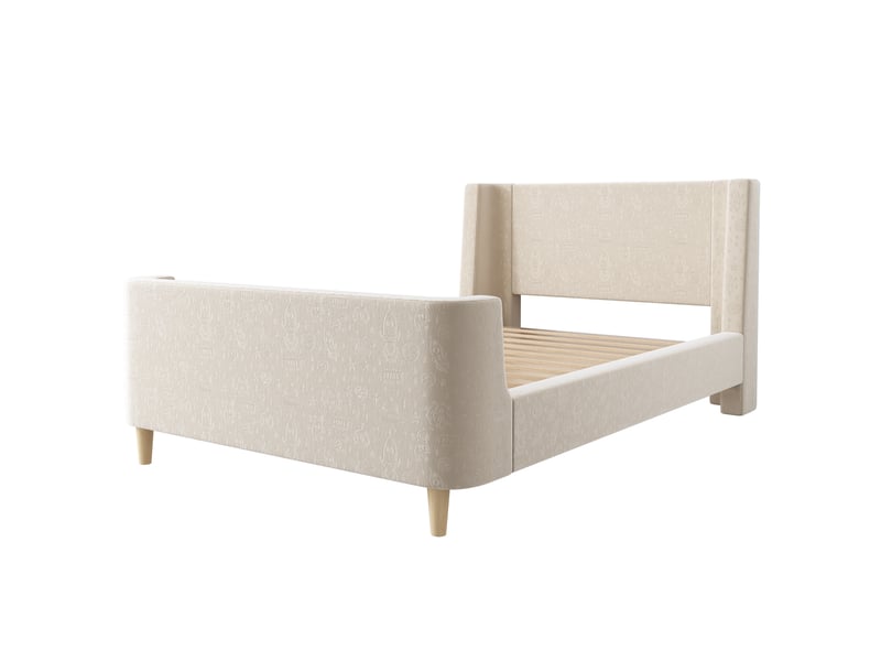  Lit enfant 90x200 cm beige en velours, sommier à lattes, motifs spatiaux, forme traîneau, tête rembourrée, pieds antidérapants  - Conforama A