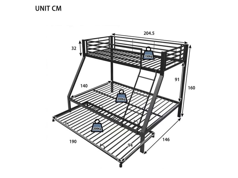  Lit superposé 3 places 90 × 200 cm et 140 × 200 cm avec lit gigogne 90 × 190 cm, sans matelas, métal noir  - Conforama D