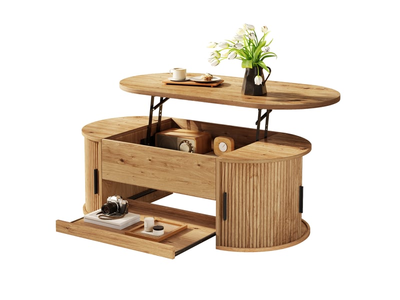  Table basse 110x55x55 cm, plateau escamotable, espace de rangement, usage polyvalent, pour intérieur, en mdf, naturel  - Conforama A