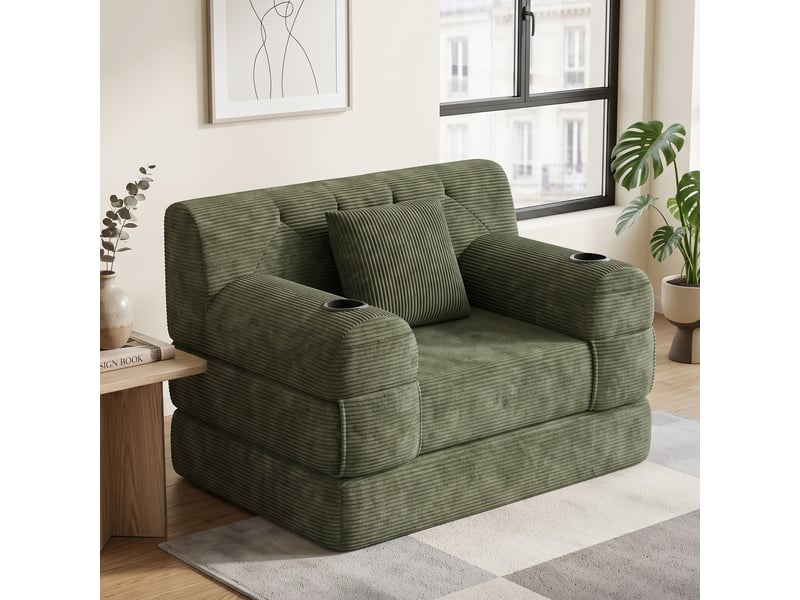  Fauteuil convertible lit 1 place en velours côtelé vert  - Conforama B