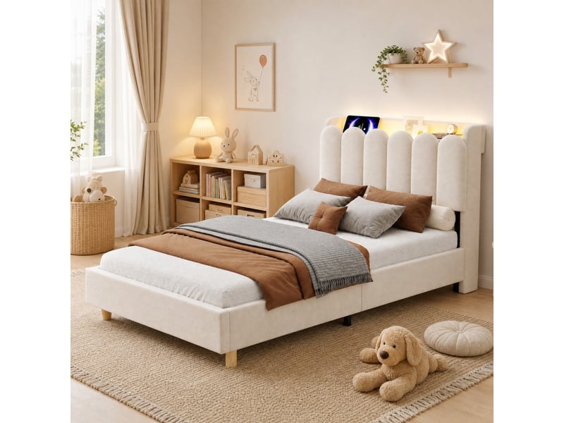  Lit enfant 90 × 200 cm avec sommier, tête de lit rembourrée, lampe de lecture et prises usb type-c pour chambre  - Conforama B
