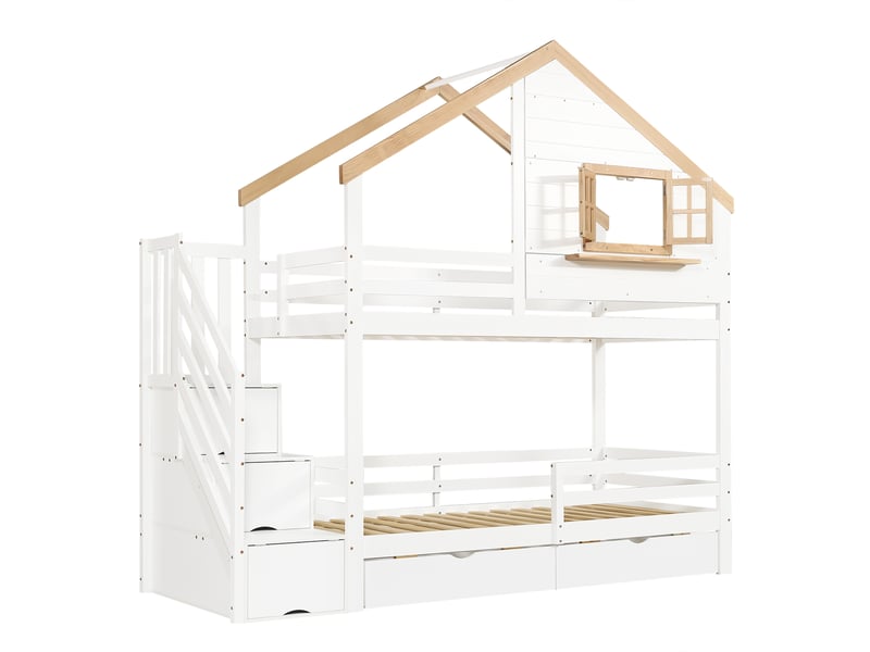  Lit superposé 90x200 avec escalier à tiroirs et rangement sous-lit  - Conforama W