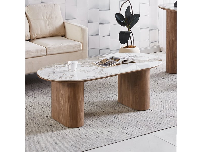  Table basse en pierre frittée blanc pieds couleur bois clair  - Conforama B