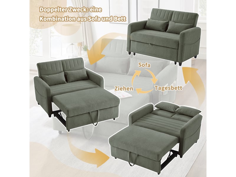  Canapé-lit pliant 2 places vert armée, assise extractible, dossier réglable 3 positions, tissu coton-lin respirant  - Conforama E