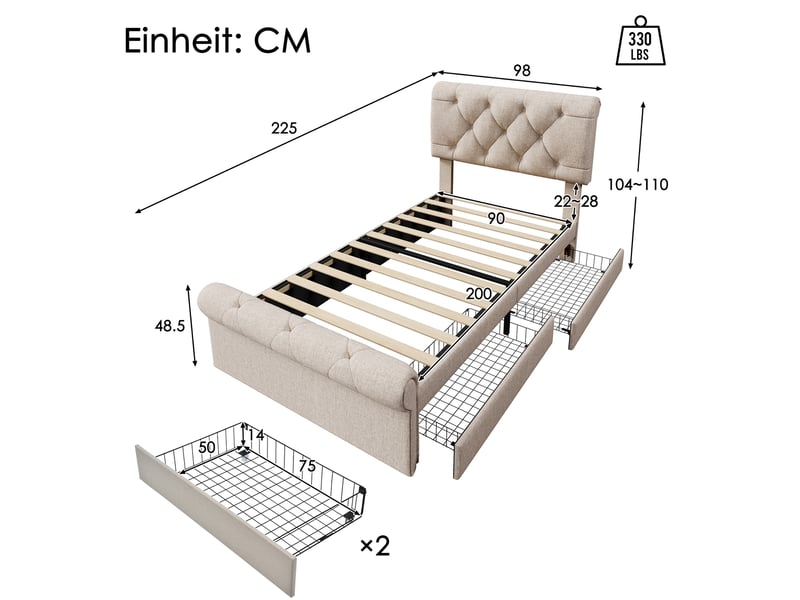  Lit coffre 90 x 200 cm, 2 tiroirs, tête réglable, naturel, sans matelas  - Conforama E