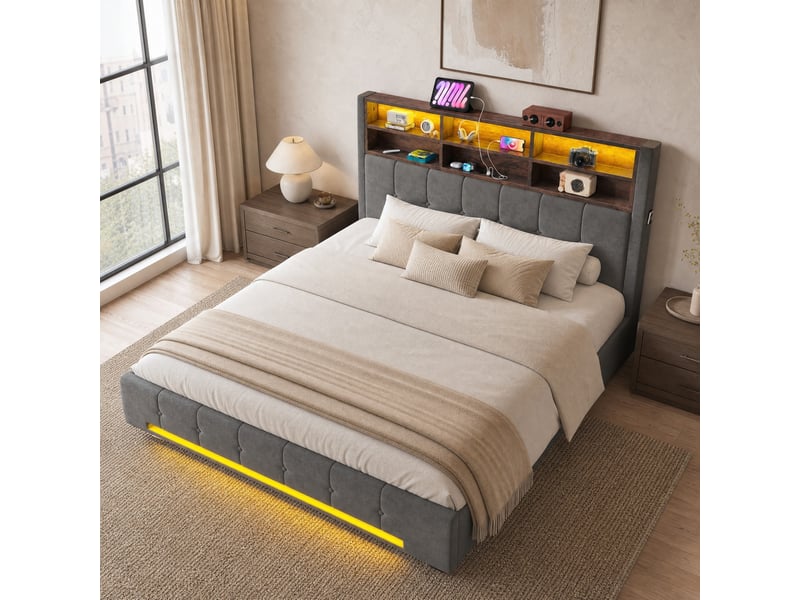  Lit coffre double 180×200 cm avec led réglable, usb-c et 6 niches - okmyhome- velours gris foncé, sans matelas  - Conforama B